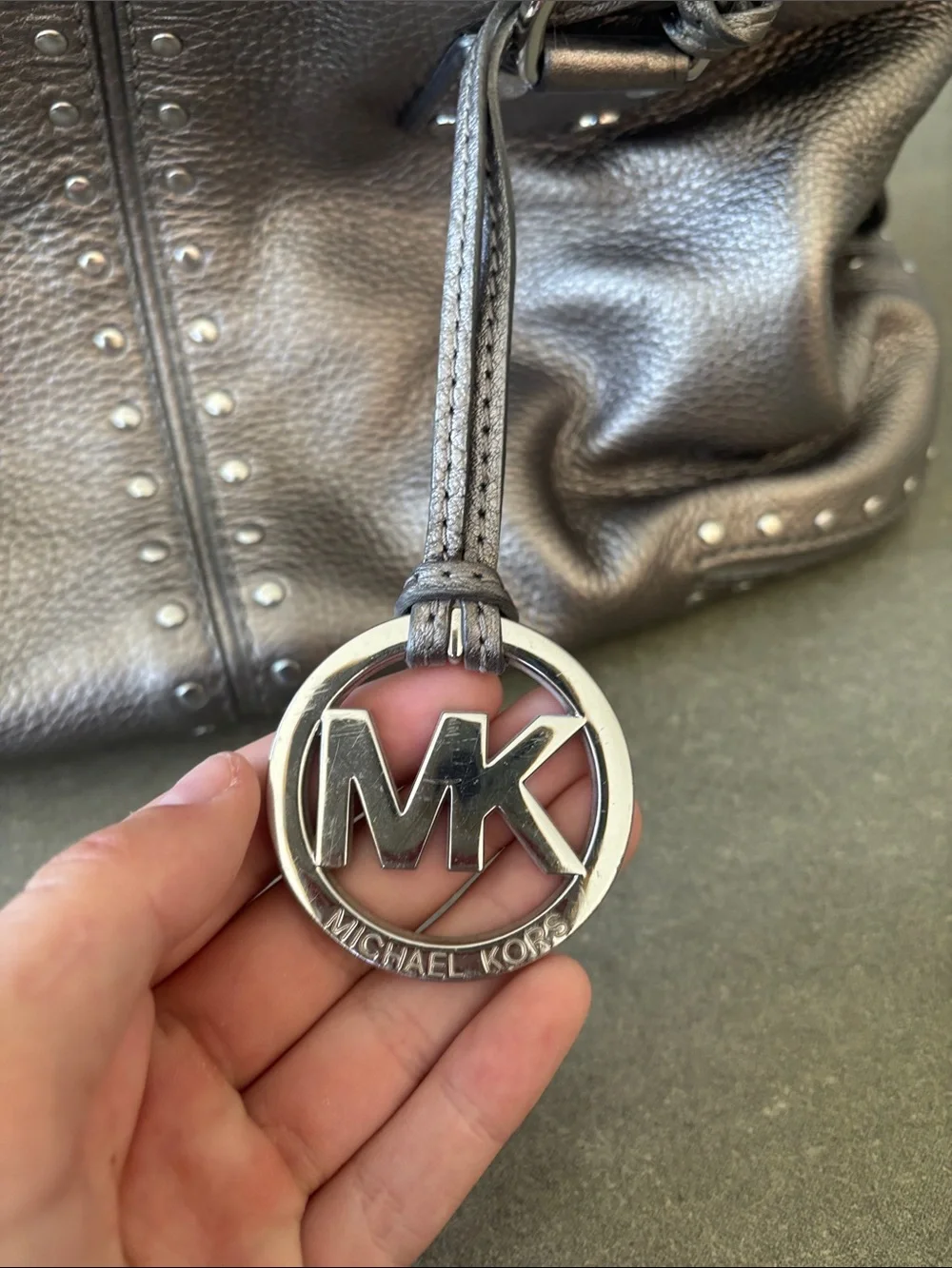 Michael Kors Metallic Gunmetal Leather Duffel Bag